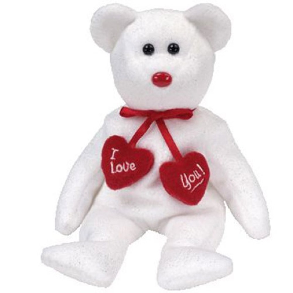 TY Beanie Baby White Teddy Bear with Red Hearts Truly Born November 3, 2004